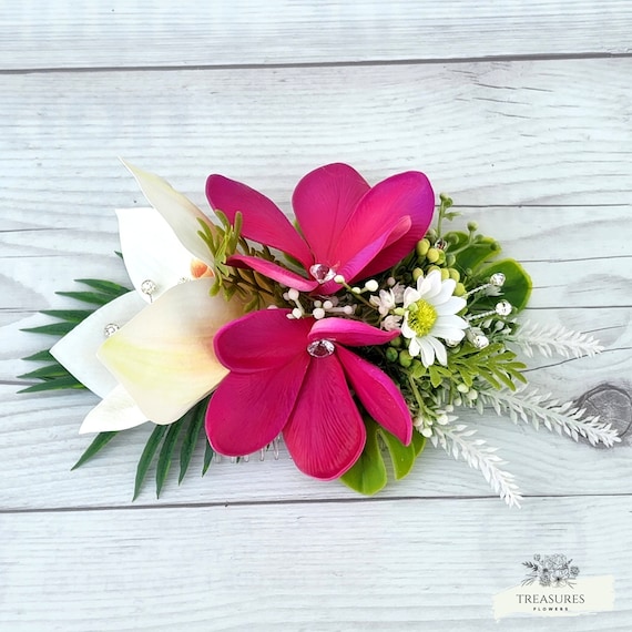 Plumeria Hair Piece, Wedding Headpiece, Beach Hair Flower, Silk Flowers, Accessories, White Cymbidium Headpiece, White and Fuchsia Headpiece