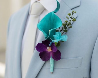 Turquoise Calla Lily and Purple Orchid Boutonniere, Groom or Groomsmen Buttonhole, Tropical Wedding or Prom Flower Pin, wedding flower