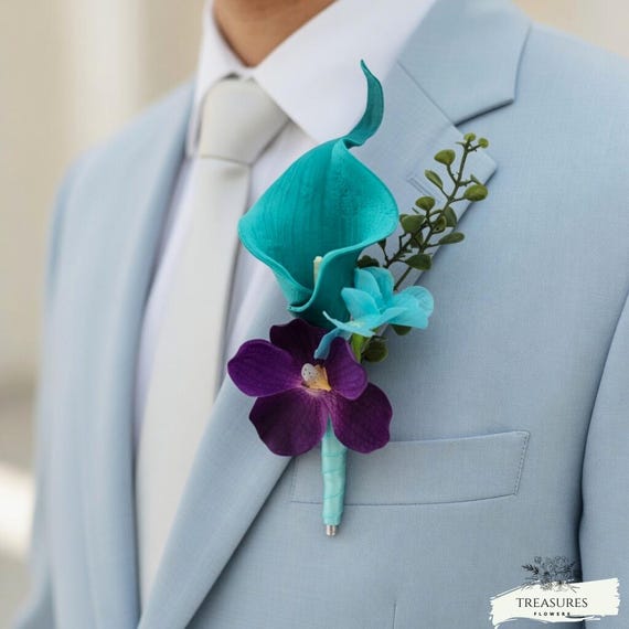 Turquoise Calla Lily and Purple Orchid Boutonniere, Groom or Groomsmen Buttonhole, Tropical Wedding or Prom Flower Pin, wedding flower