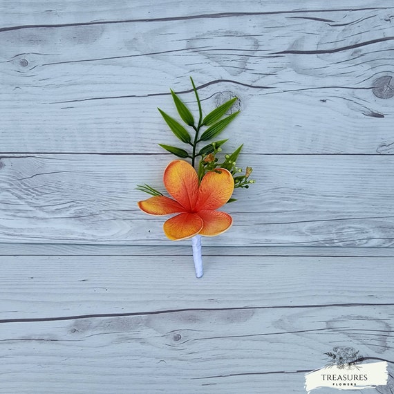 Orange Plumeria Boutonniere, Tangerine Plumeria, Frangipani, Prom Boutonniere, Grooms Wedding Boutonniere, Wedding Flower, Artificial Flower
