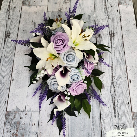 White, Purple Bouquet, Roses Bouquet, Artificial Flower, Wedding Cascade Bouquet, Lily Roses Calla Lavender Bouquet, Dusty Blue bouquet