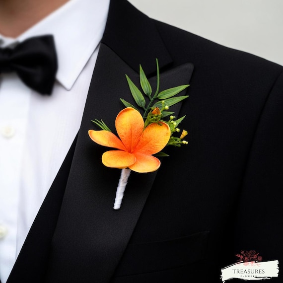 Orange Plumeria Boutonniere, Tangerine Plumeria, Frangipani, Prom Boutonniere, Grooms Wedding Boutonniere, Wedding Flower, Artificial Flower