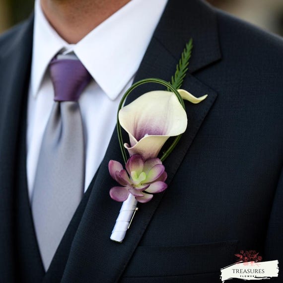 Calla Boutonniere, Succulent Boutonniere, Purple Boutonniere, Rustic Wedding, Wedding Boutonniere, Tropical Boutonniere, Silk Boutonniere.