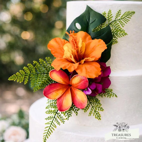 Hibiscus Cake Topper, Tropical Cake decor, Orange Cake Decor, Plumeria Cake Decor, Beach Wedding, Flower Cake decor, Hawaiian wedding.