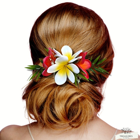 Plumeria Hairpiece, Wedding Hair Flower, Wedding Headpiece, Beach Hair Flower, Silk Flowers, Accessories, Coral Headpiece, White and Coral.