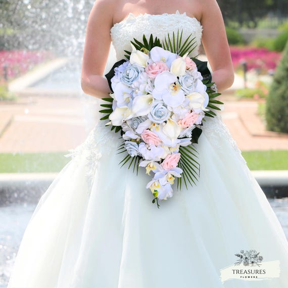 Tropical Cascade Bouquet, White Blue Blush Bouquet, Pearl Bouquet, Artificial Flower, Beach Wedding Bouquet, Orchid Bouquet, Roses Bouquet