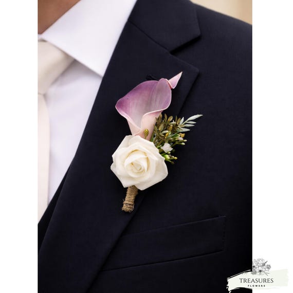 Purple Calla Boutonniere, Rose Boutonniere, Wedding Boutonniere, Rustic Wedding, Tropical Boutonniere, Silk Boutonniere, Wedding Flower