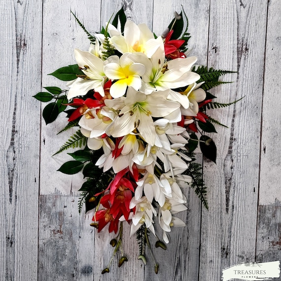 Coral and white cascade Bouquet, Tropical Bouquet, Beach Wedding Bouquet, Cascade Bouquet, Faux Flower, Cymbidium, White Lilies, Plumerias.