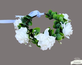 Wedding Crown, Eucalyptus Crown, Bridal Flower Headpiece, Flower Crown for Bride, Gardenia Flower Crown, White Flower Crown, White Crown.