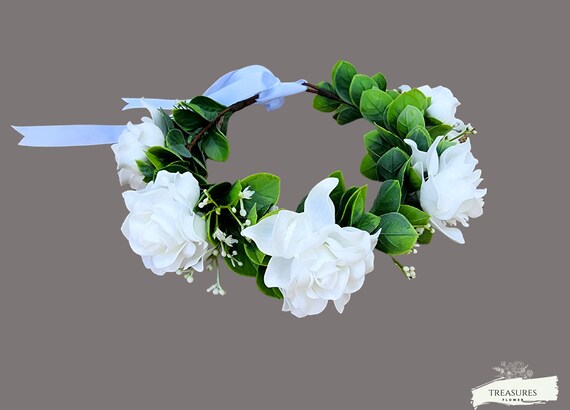 Wedding Crown, Eucalyptus Crown, Bridal Flower Headpiece, Flower Crown for Bride, Gardenia Flower Crown, White Flower Crown, White Crown.