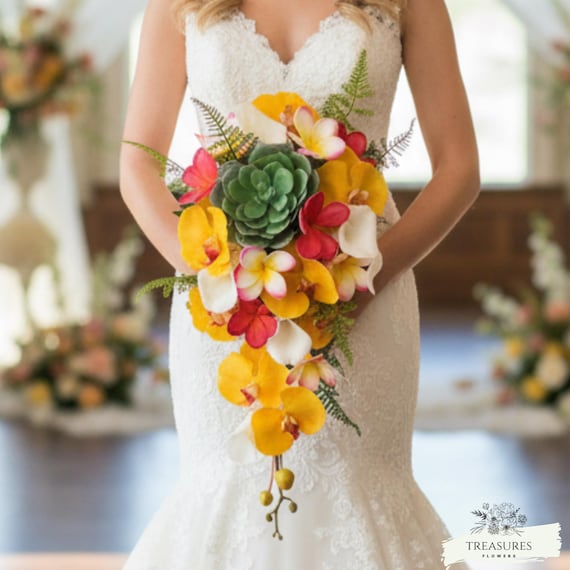 Yellow Orchid Bouquet, Tropical Bouquet, Beach Wedding Bouquet, Cascade Bouquet, Faux Flower, White Calla, Fuchsia white Plumeria, Succulent