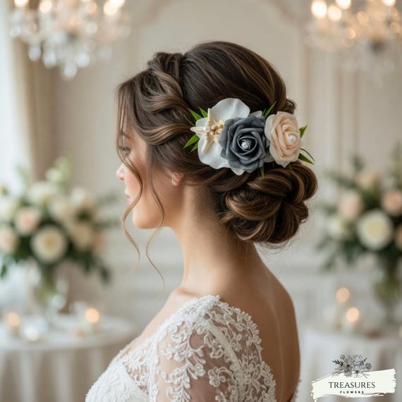 Beach Wedding Hair Clip for Bride, Nautical Bridal Hair Accessory, Blue and Blush Rose Hair Piece, Starfish Pearl Wedding Clip, silk flower