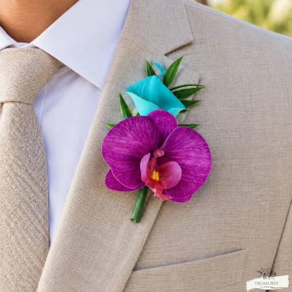 Tropical Groom Boutonniere with Purple Orchid and Turquoise Calla Lily for Beach Wedding Destination Groom Men Prom Suit Flower Lapel Pin