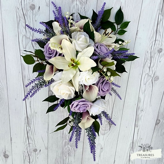 White, Purple Bouquet, Roses Bouquet, Artificial Flower, Wedding Cascade Bouquet, Flower Cascade Bouquet, Lily Roses Calla Lavender Bouquet.