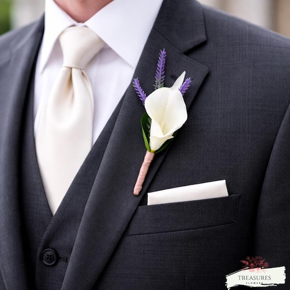 White Calla Lily Boutonniere, Prom Boutonniere, Grooms Boutonniere, Wedding Flower, Artificial Flower, Rustic Wedding, Lavander Boutonniere