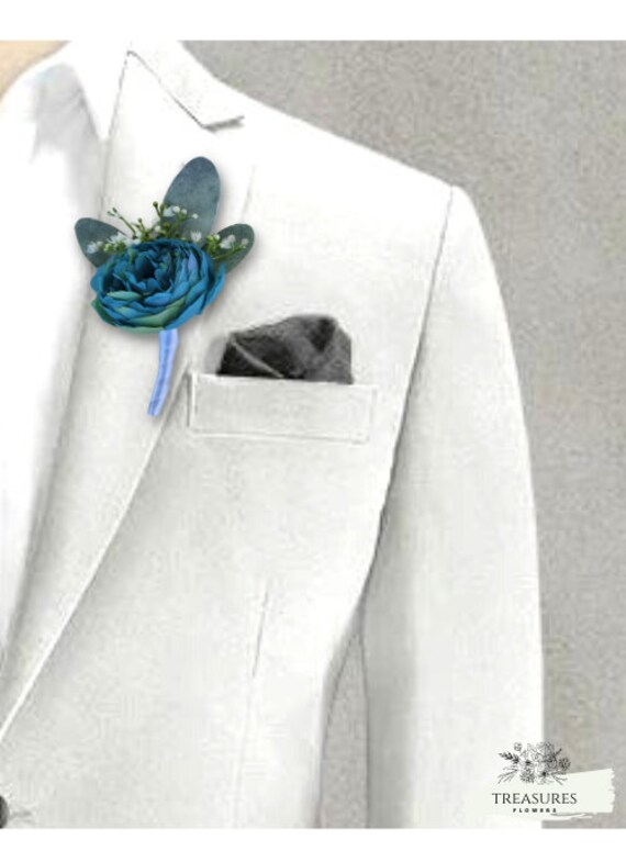 Turquoise Ranunculus Boutonniere, Prom Boutonniere, Groom Boutonniere, Wedding Flower, Artificial Flower, Rustic Wedding, Blue Boutonniere.