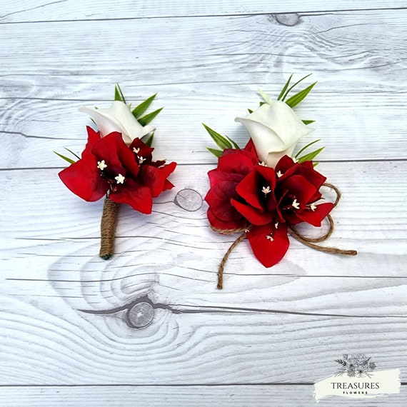 Calla Boutonniere, Bougainvillea Boutonniere, Corsage Boutonniere Set, White and Red Boutonniere, Wedding Boutonniere, Tropical Boutonniere.