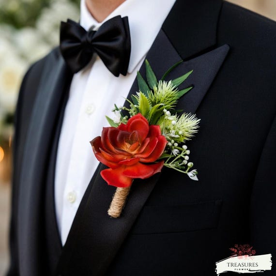 Orange Red Succulent Corsage, Succulent Boutonniere, Prom Boutonniere, Grooms Boutonniere, Wedding Flower, Artificial Flower, Rustic Wedding