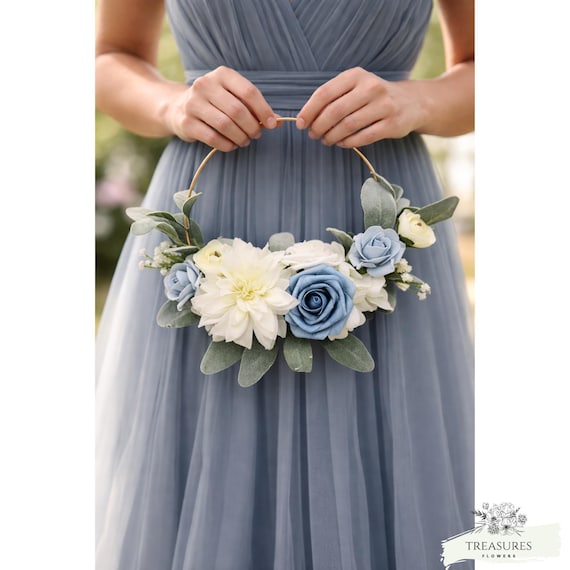 Bridesmaid hoop Bouquet, flower girl basket, wreath bouquet, Boho Hoop, White and Blue Roses hoop, Gift for Mom, Modern hoop wreath