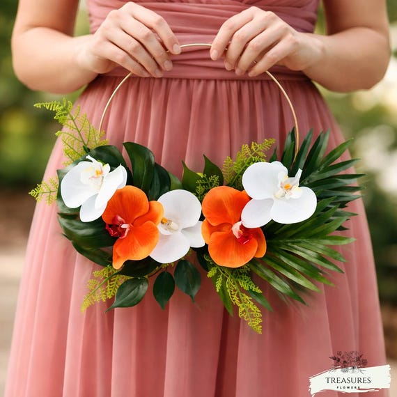 Orange & White Orchid Hoop Wreath, Tropical Floral Wall Decor, Modern Wedding Hoop, Orchid Arrangement, Home Decor Ring, Modern Orchid Hoop