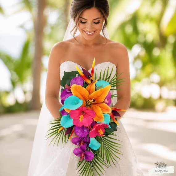 Tropical Cascade Bridal Bouquet with Orange Lilies Turquoise Calla Lilies and Fuchsia Hibiscus for Beach Weddings Destination Bride Flower