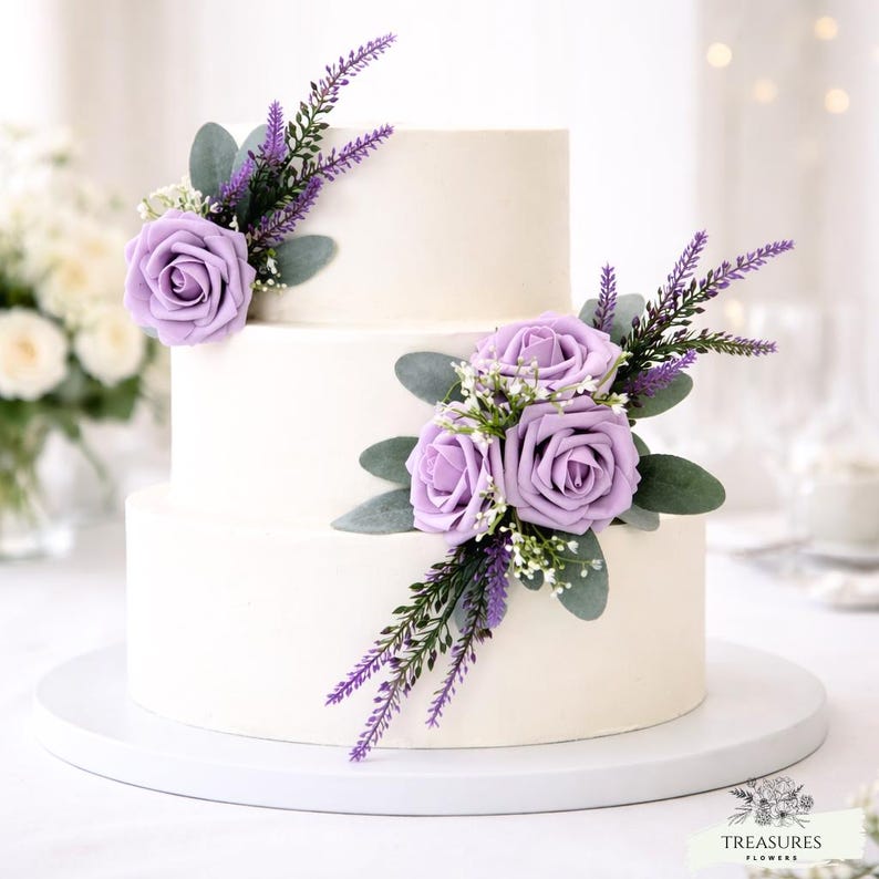 Lavender Wedding, Lavender Cake Topper, Cake Flowers, Lavender foam roses, Cake Decor, Lavender Cake, Cake Faux Flowers, Cake Clusters. image 1