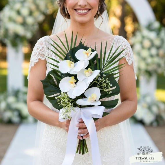 Orchid Bouquet, Bridesmaid Bouquet, White Orchid Bouquet, Tropical Bouquet, Beach Wedding Bouquet, Silk Wedding Bouquet, Destiny Wedding.