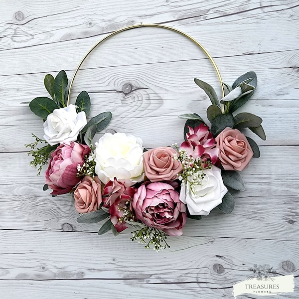 Bridesmaid hoop Bouquet, flower girl basket, wreath bouquet, Boho Hoop, Roses Peonies Hoop, Gift for Mom, Modern hoop wreath, floral wreath.