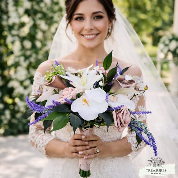 Artificial Wedding Bouquet, White Orchids, Rose Gold Calla Lilies, Pink Roses & Lavender - Everlasting Bridal Flowers