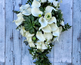 White Green Bouquet, White Calla Bouquet, Succulent Bouquet, Artificial Flower, Wedding Cascade Bouquet, Rustic Cascade Bouquet, Boho Bouq.