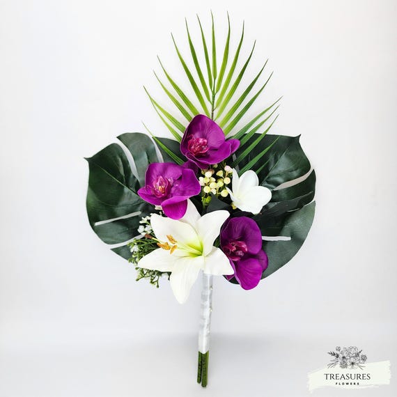 Fuchsia and White Bouquet, Tropical bridal Bouquet, bridesmaid bouquet, White Plumeria, White Lily, Artificial Bouquet, Wedding Flower