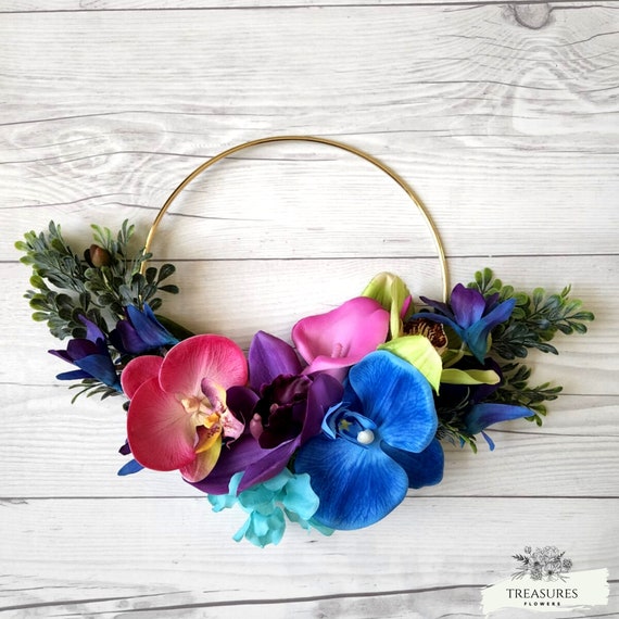 Bridesmaid hoop Bouquet, flower girl basket, Wreath Peacock Color, Tropical Hoop, Orchid Hoop, Gift for Mom, Modern hoop wreath, Floral Ring