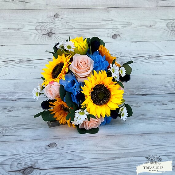 Sunflower Bouquet, Yellow Blue Peach Bouquet, Wildflower Bouquet, Artificial Flower Wedding Bouquet, Garden Bouquet, Rustic Wedding Bouquet.