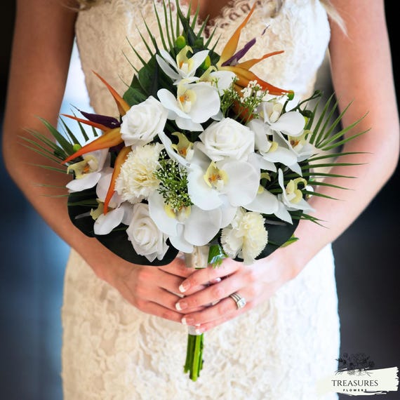 Bird of Paradise Bouquet, Tropical Bouquet, Beach Wedding Bouquet, Destination, Artificial Flower Bouquet, Wedding Bouquet, White Bouquet