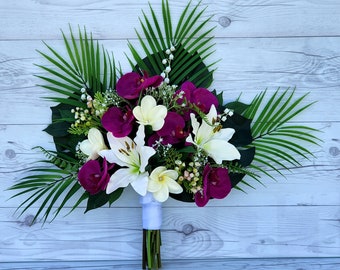 Orchid Bouquet, Tropical Bouquet, Beach Wedding Bouquet, Destination, Artificial Flower Bouquet, Wedding Bouquet, White and Fuchsia Bouquet.