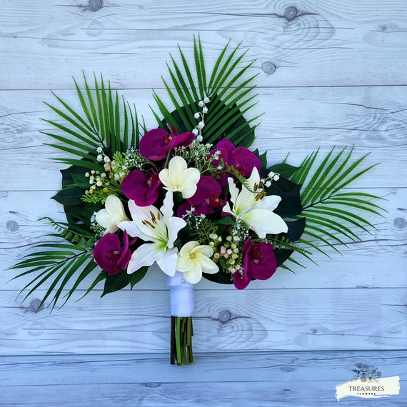 Orchid Bouquet, Tropical Bouquet, Beach Wedding Bouquet, Destination, Artificial Flower Bouquet, Wedding Bouquet, White and Fuchsia Bouquet.