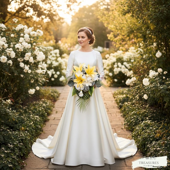 Blue, White and Yellow cascade Bouquet, Blue Roses, Yellow Lily, Tropical Bouquet, Beach Wedding Bouquet, Cascade Bouquet, wedding flower