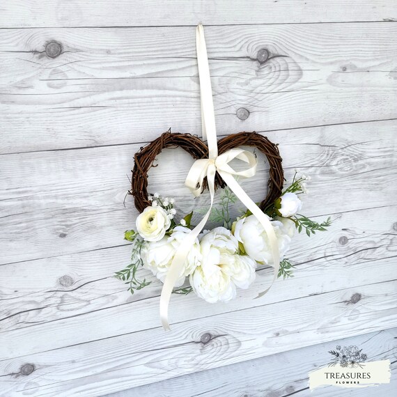 Bridesmaid hoop Bouquet, flower girl basket, Heart wreath, Boho Hoop, White Peony hoop, Gift for Mom, Rustic hoop wreath, floral wreath.