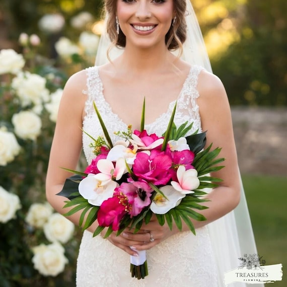 Pink and White Bouquet, Tropical Wedding Bouquet, White Orchid, Plumeria and Pink Gladiolus Bouquet, Artificial Bouquet, Silk Flower.