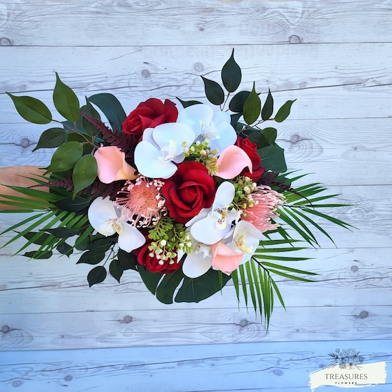 Red And White Bouquet, Tropical Wedding Bouquet, White Orchid and Red Roses Bouquet, Pink Protea Bouquet, Rustic Bouquet, Artificial Flower.
