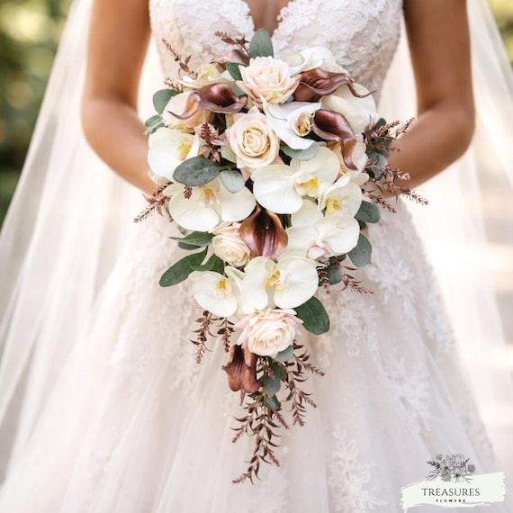 Rose Gold Bouquet, Orchid Bouquet, Classic Cascade Bouquet, Artificial Flower, Wedding Cascade Bouquet, Flower Cascade Bouquet, Blush White.