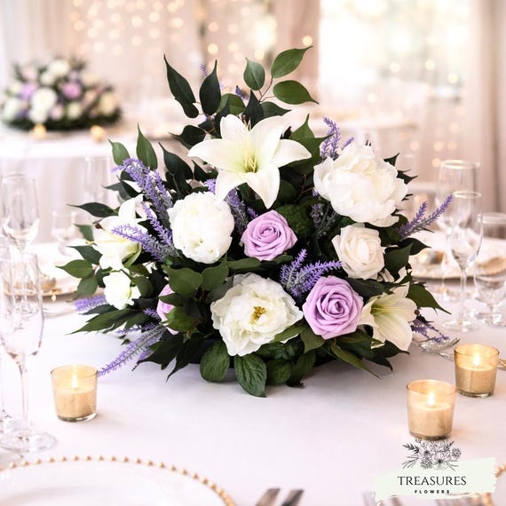 White and purple floral arrangement, wedding table decor, flowers for gifting, floral centerpiece, Roses, Lilies, Peonies, wedding flower