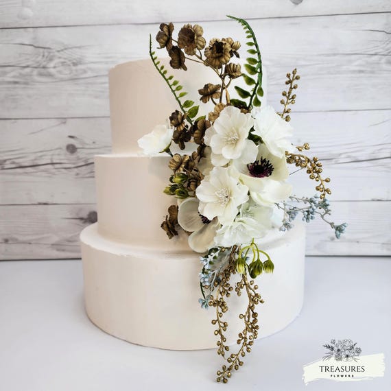 White Anemone Cake Topper, Rustic Cake decor, White and Gold Cake Decor, artificial Wedding Cake Decor, garden Wedding, Flower Cake decor