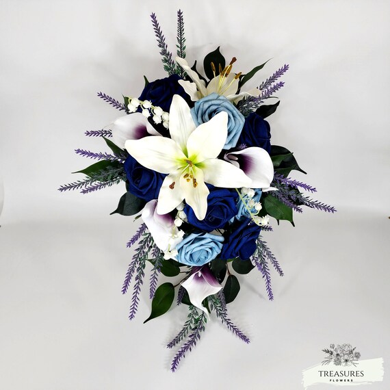 White and Blue Bouquet, Roses Bouquet, Artificial Flower, Wedding Cascade Bouquet, Cascade Bouquet, Lily Roses Calla Lavender Bouquet.