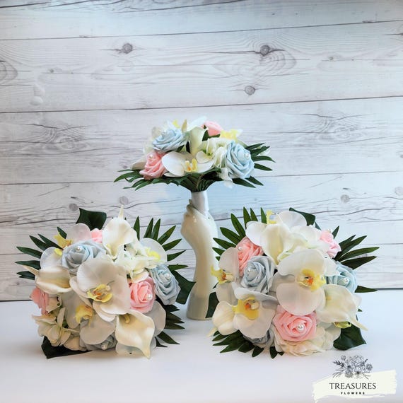 Tropical Bouquet, White Blue Pink Bouquet, Artificial Flower, Beach Wedding Bouquet, Orchid Bouquet, Roses Bouquet, wedding flower, pearls