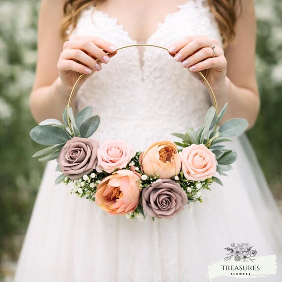 Bridesmaid hoop Bouquet, flower girl basket, wreath bouquet, Boho Hoop, Roses Peonies Hoop, Gift for Mom, Modern hoop wreath, floral wreath