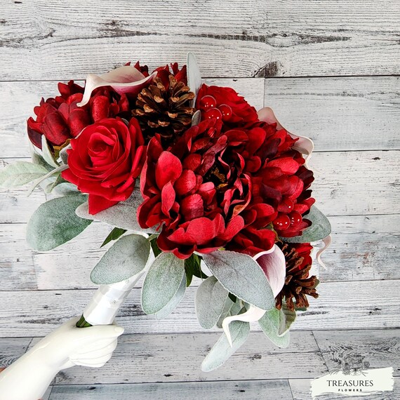 Christmas Bouquet, Red Bouquet, Boho Bouquet, Artificial Flower, Peony, Calla, Roses & Pinecone Bouquet, Rustic Wedding Bouquet, Faux flower