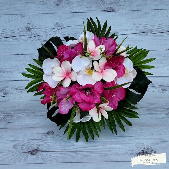 Pink and White Bouquet, Tropical Wedding Bouquet, White Orchid, Plumeria and Pink Gladiolus Bouquet, Artificial Bouquet, Silk Flower.