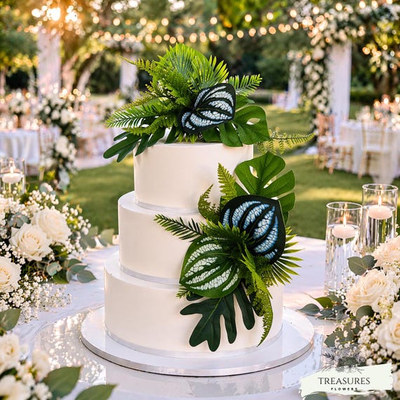 Tropical Greenery Wedding Cake Topper, Modern Botanical Cake Decor, Monstera Leaf Cake Accent, Elegant Minimalist Wedding Cake Decoration