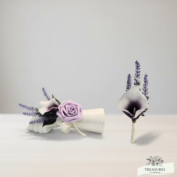 Purple & White Calla Lily Corsage and Boutonniere for Weddings, Lavender Rose Wrist Corsage, Prom Flowers, artificial flower, wedding flower
